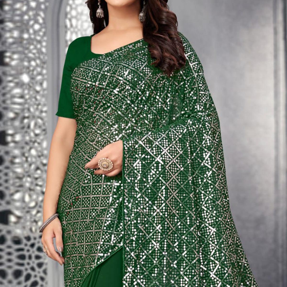 Green Sequence Embroidered Georgette Saree - Peachmode