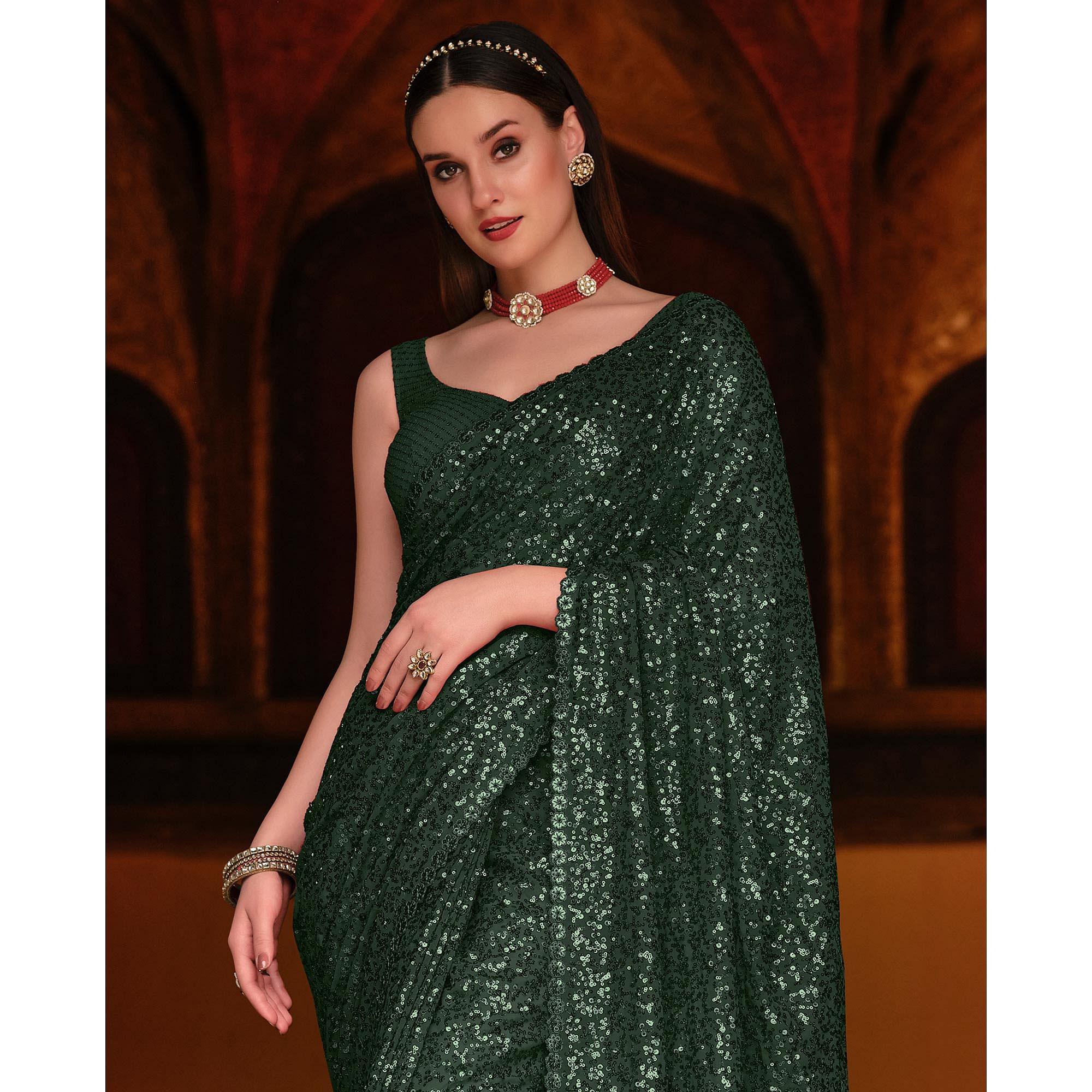 Green Sequence Embroidered Georgette Saree - Peachmode