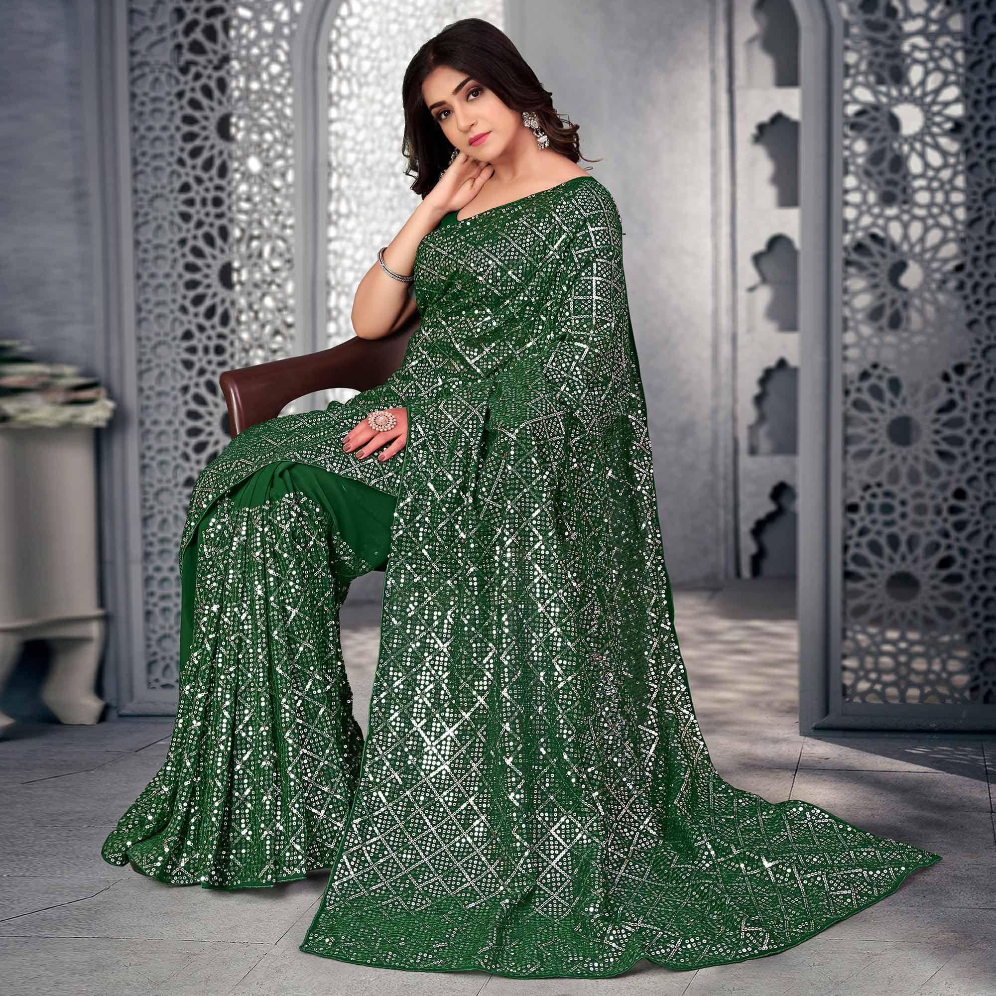 Green Sequence Embroidered Georgette Saree - Peachmode