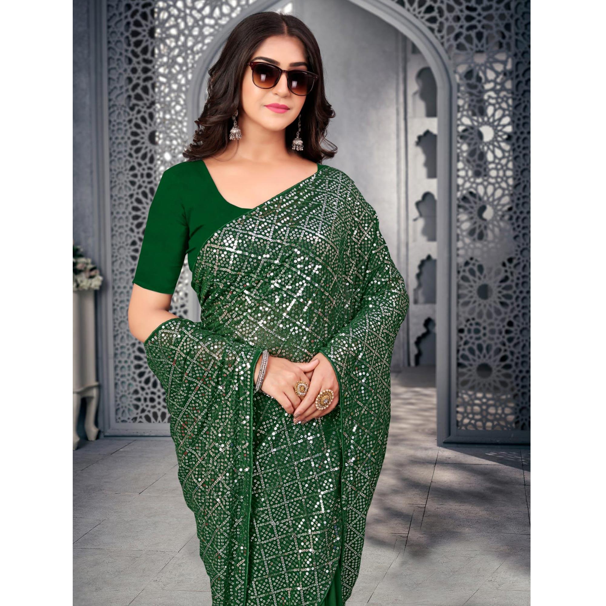 Green Sequence Embroidered Georgette Saree - Peachmode