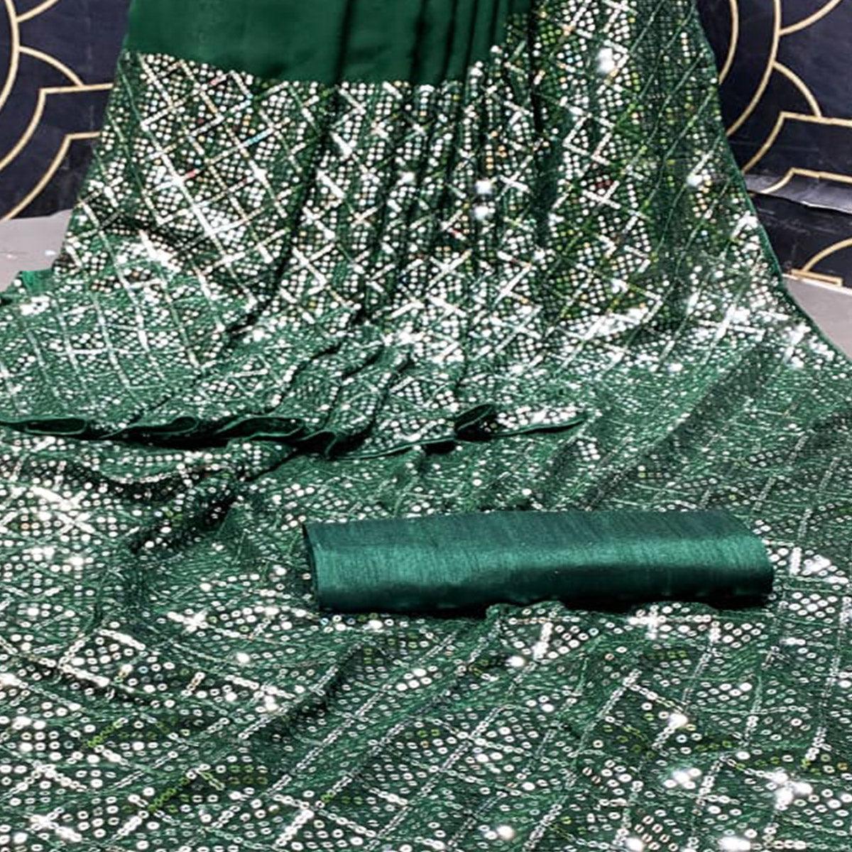 Green Sequence Embroidered Georgette Saree - Peachmode