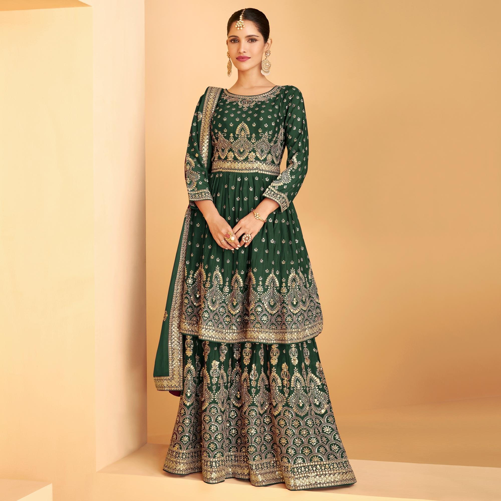 Green Sequence Embroidered Georgette Sharara Suit - Peachmode
