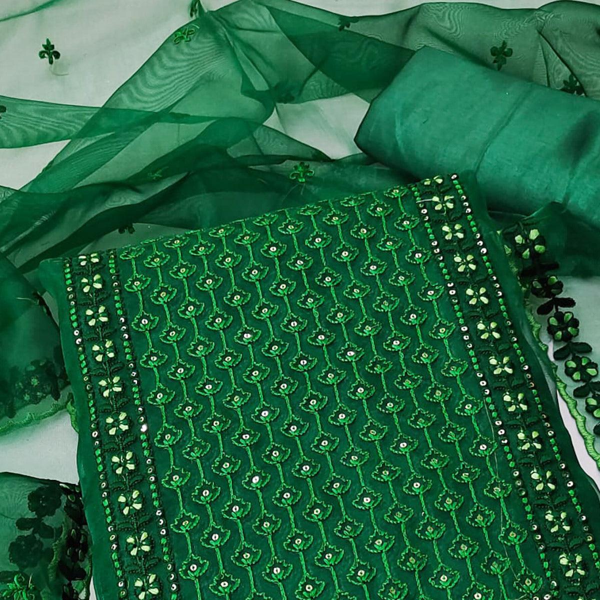 Green Sequence Embroidered Organza Dress Material - Peachmode