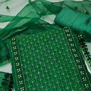 Green Sequence Embroidered Organza Dress Material - Peachmode