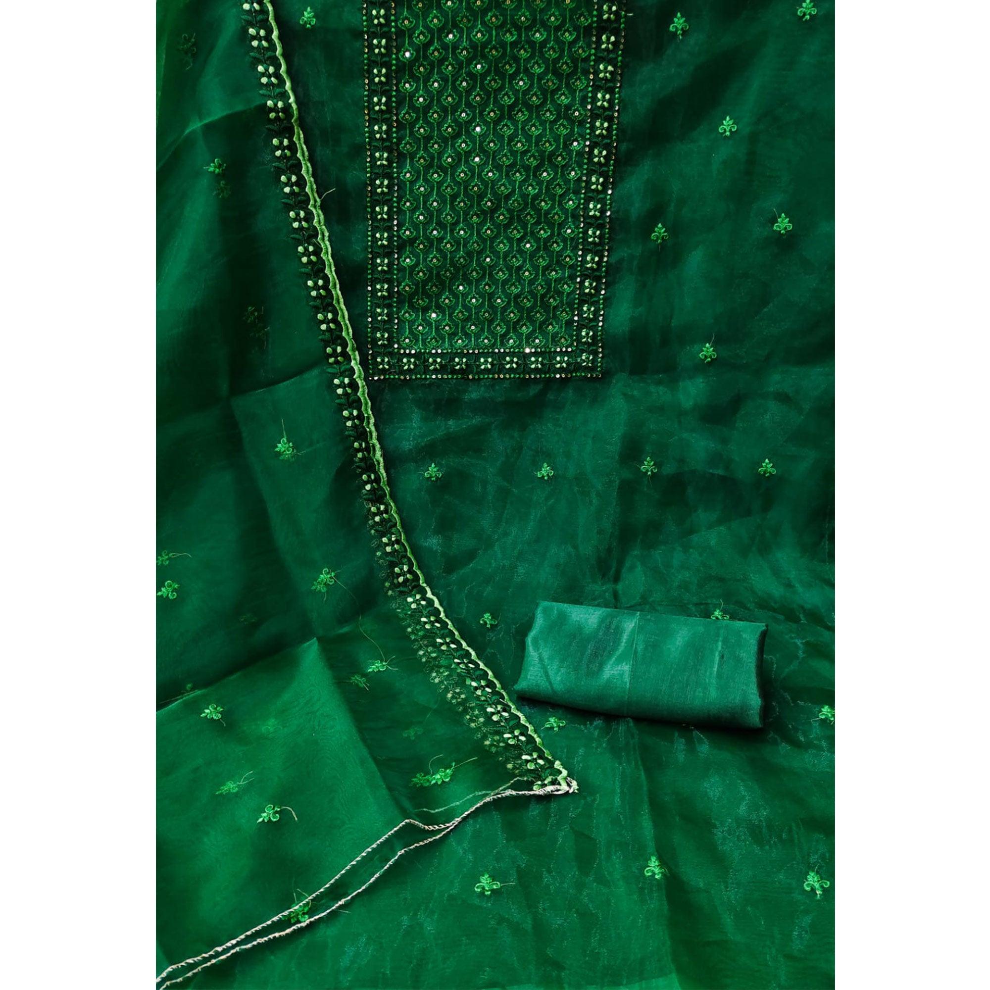 Green Sequence Embroidered Organza Dress Material - Peachmode