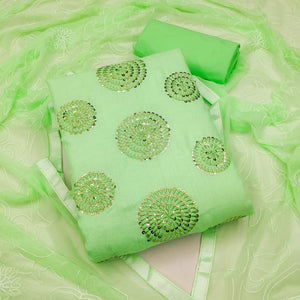 Green Sequence Embroidered Pure Cotton Dress Material - Peachmode