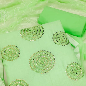 Green Sequence Embroidered Pure Cotton Dress Material - Peachmode