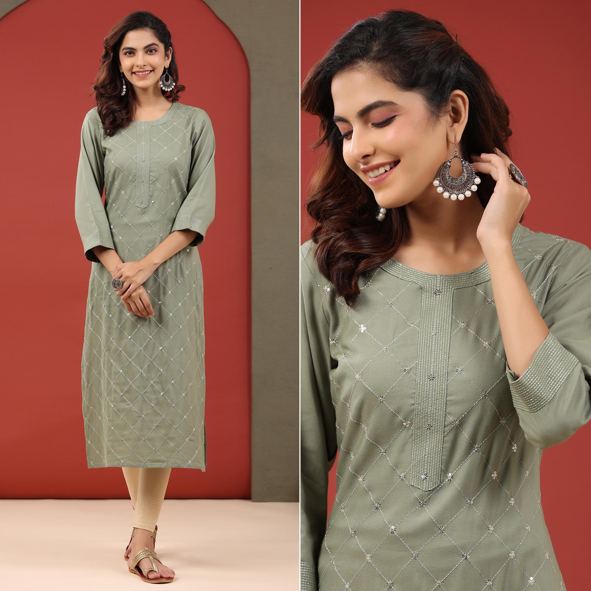 Green Sequence Embroidered Pure Cotton Kurti - Peachmode