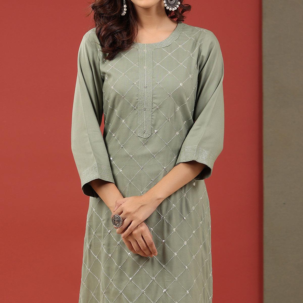 Green Sequence Embroidered Pure Cotton Kurti - Peachmode