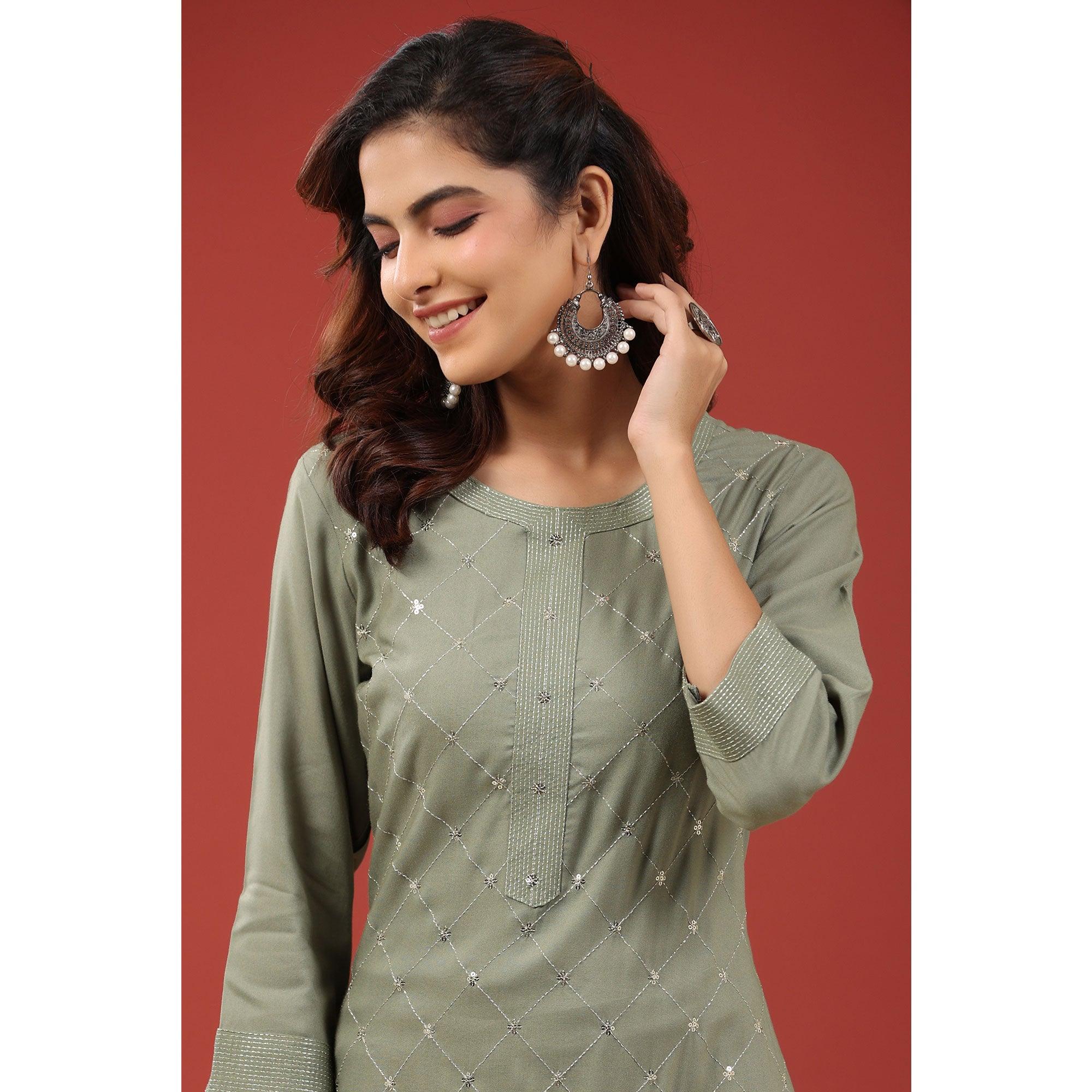 Green Sequence Embroidered Pure Cotton Kurti - Peachmode