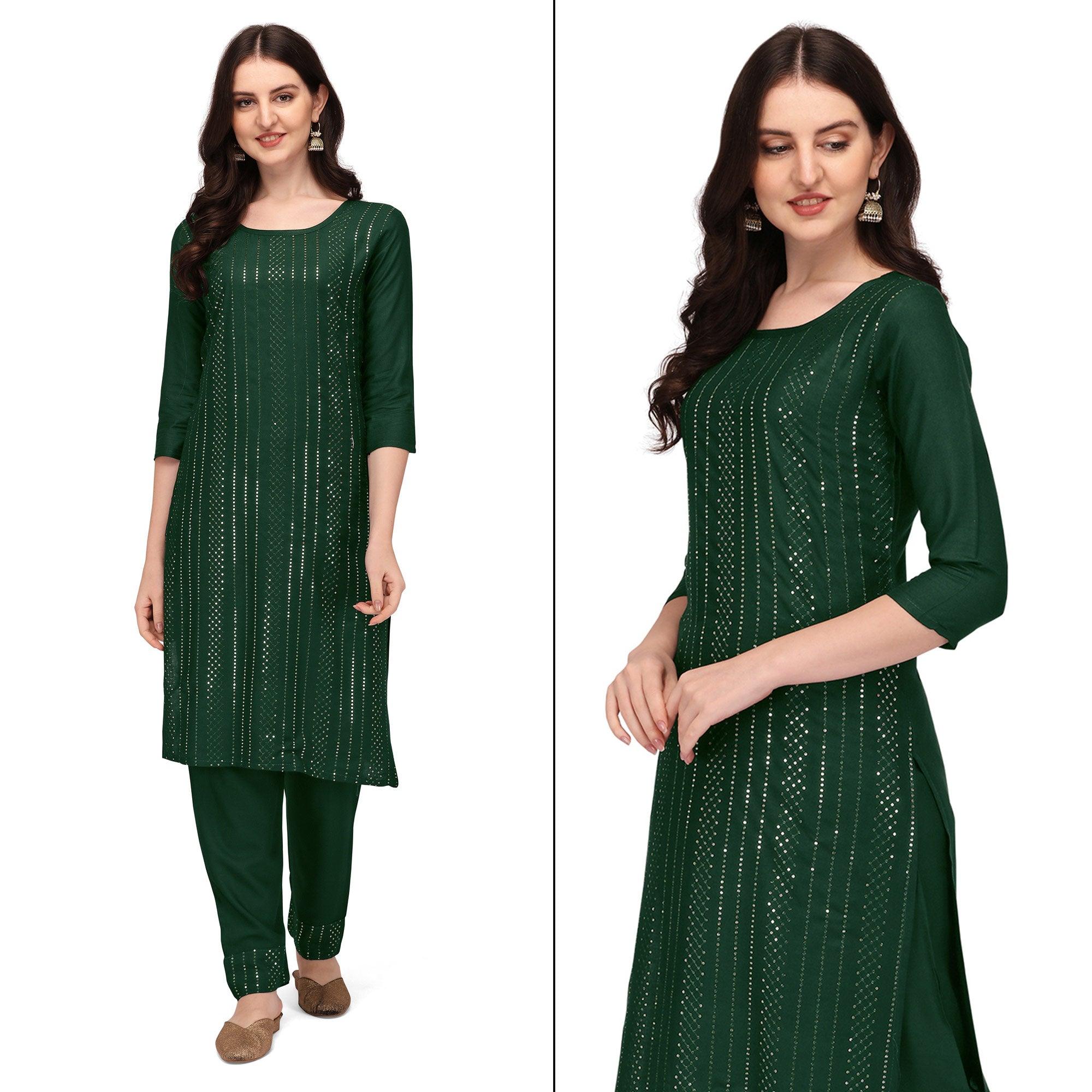 Green Sequence Embroidered Rayon Kurti Pant Set - Peachmode