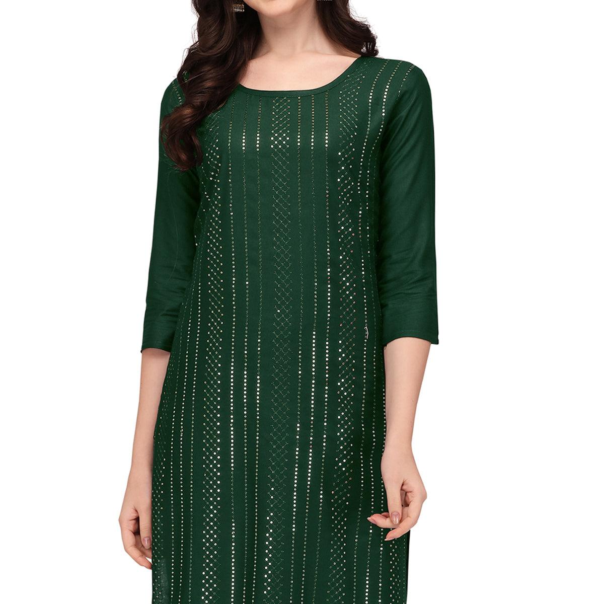 Green Sequence Embroidered Rayon Kurti Pant Set - Peachmode