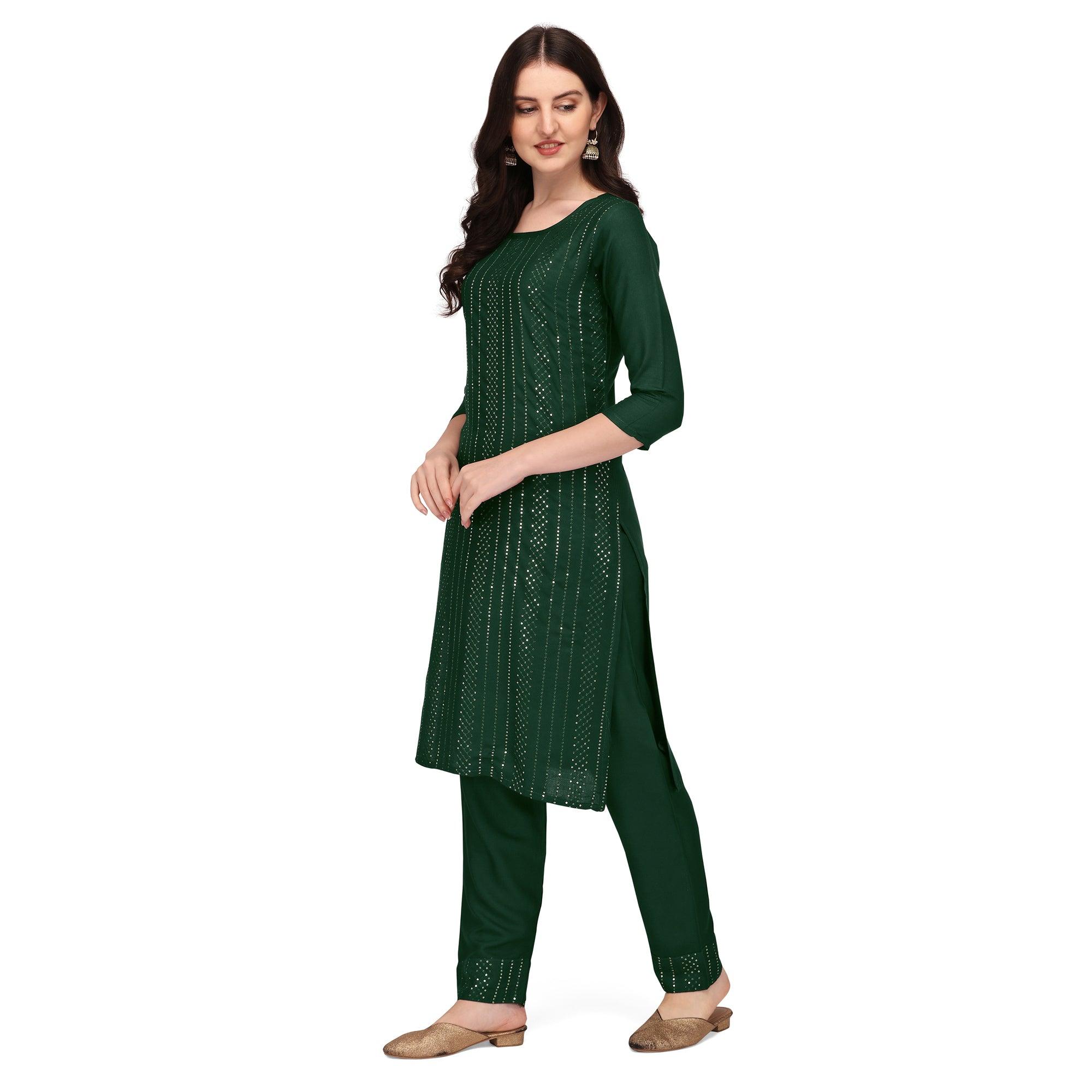 Green Sequence Embroidered Rayon Kurti Pant Set - Peachmode