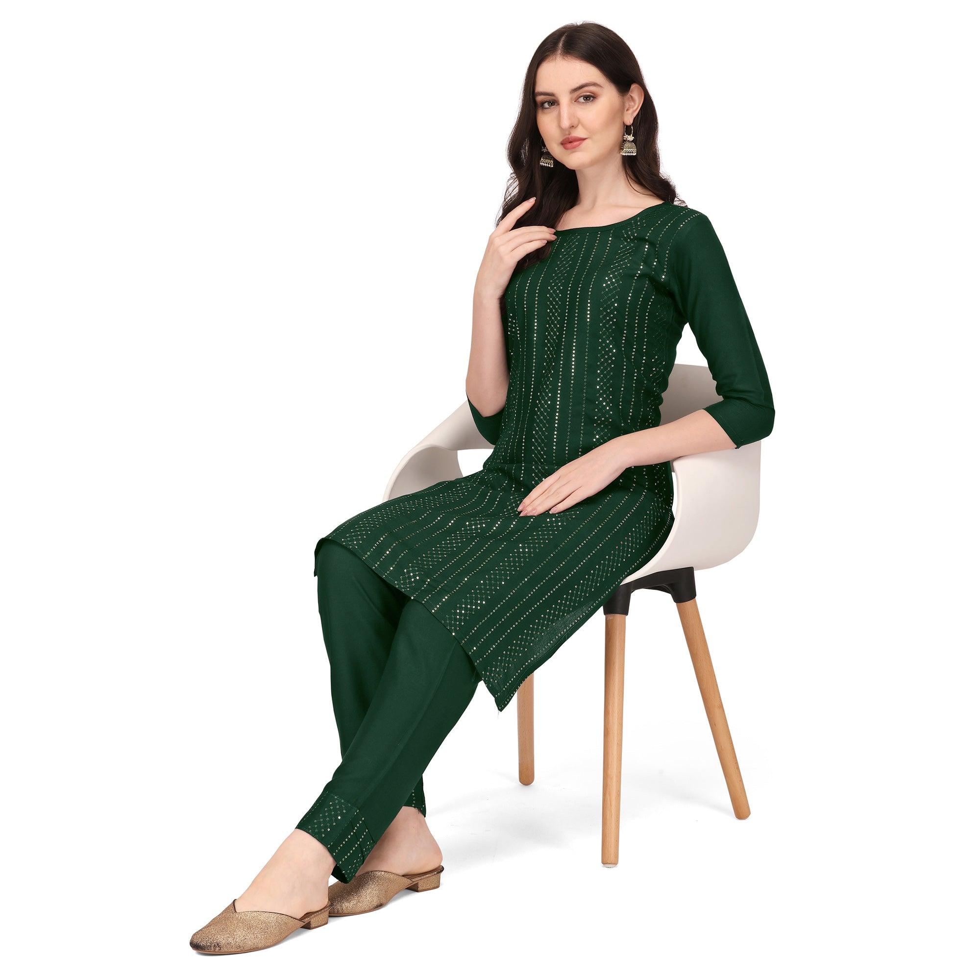 Green Sequence Embroidered Rayon Kurti Pant Set - Peachmode