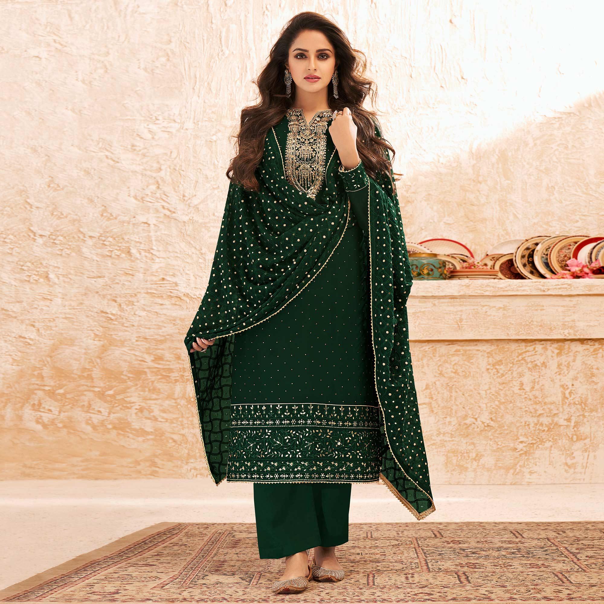 Green Sequence Embroidered Real Georgette Partywear Suit - Peachmode
