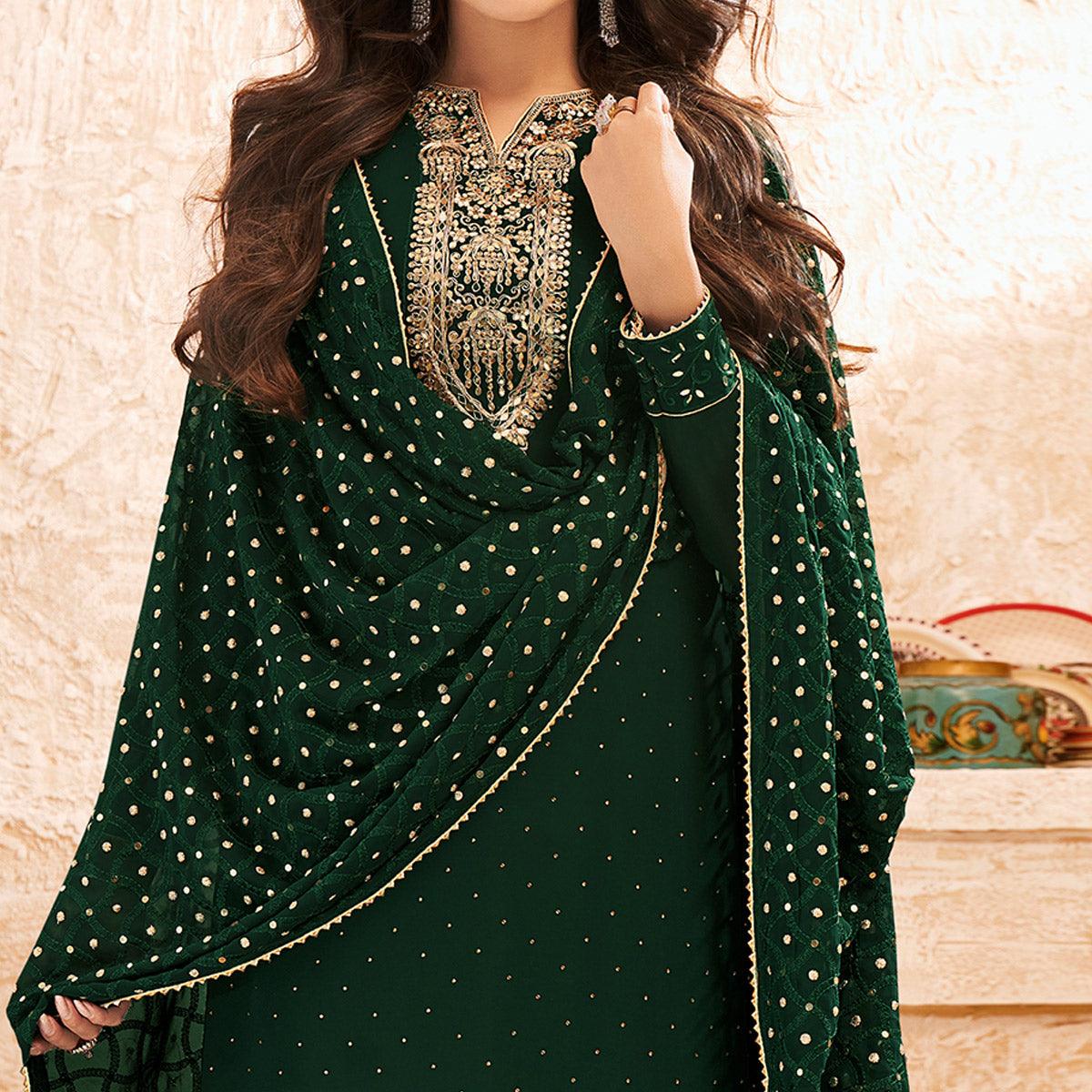 Green Sequence Embroidered Real Georgette Partywear Suit - Peachmode