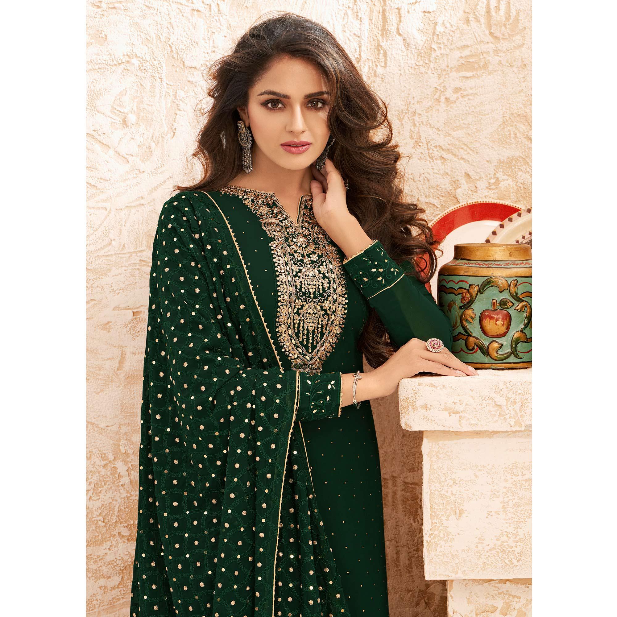 Green Sequence Embroidered Real Georgette Partywear Suit - Peachmode