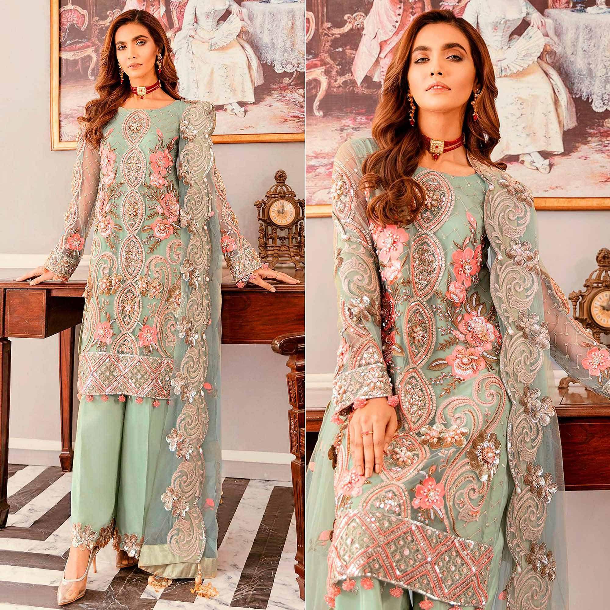 Green Sequence Embroidered  Soft Net Partywear Pakistani Suit - Peachmode