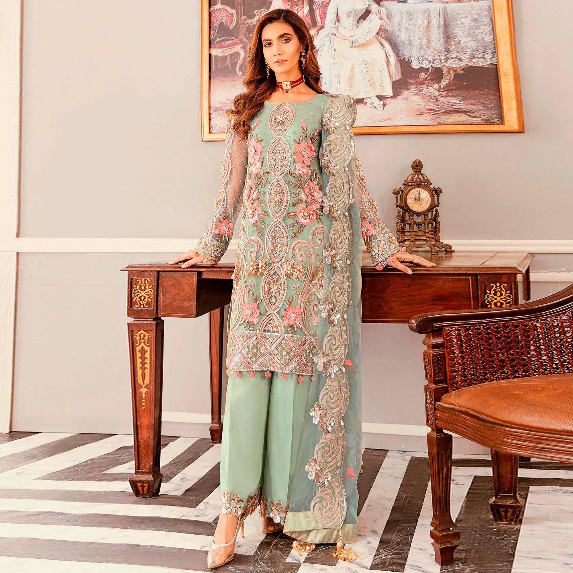 Green Sequence Embroidered  Soft Net Partywear Pakistani Suit - Peachmode