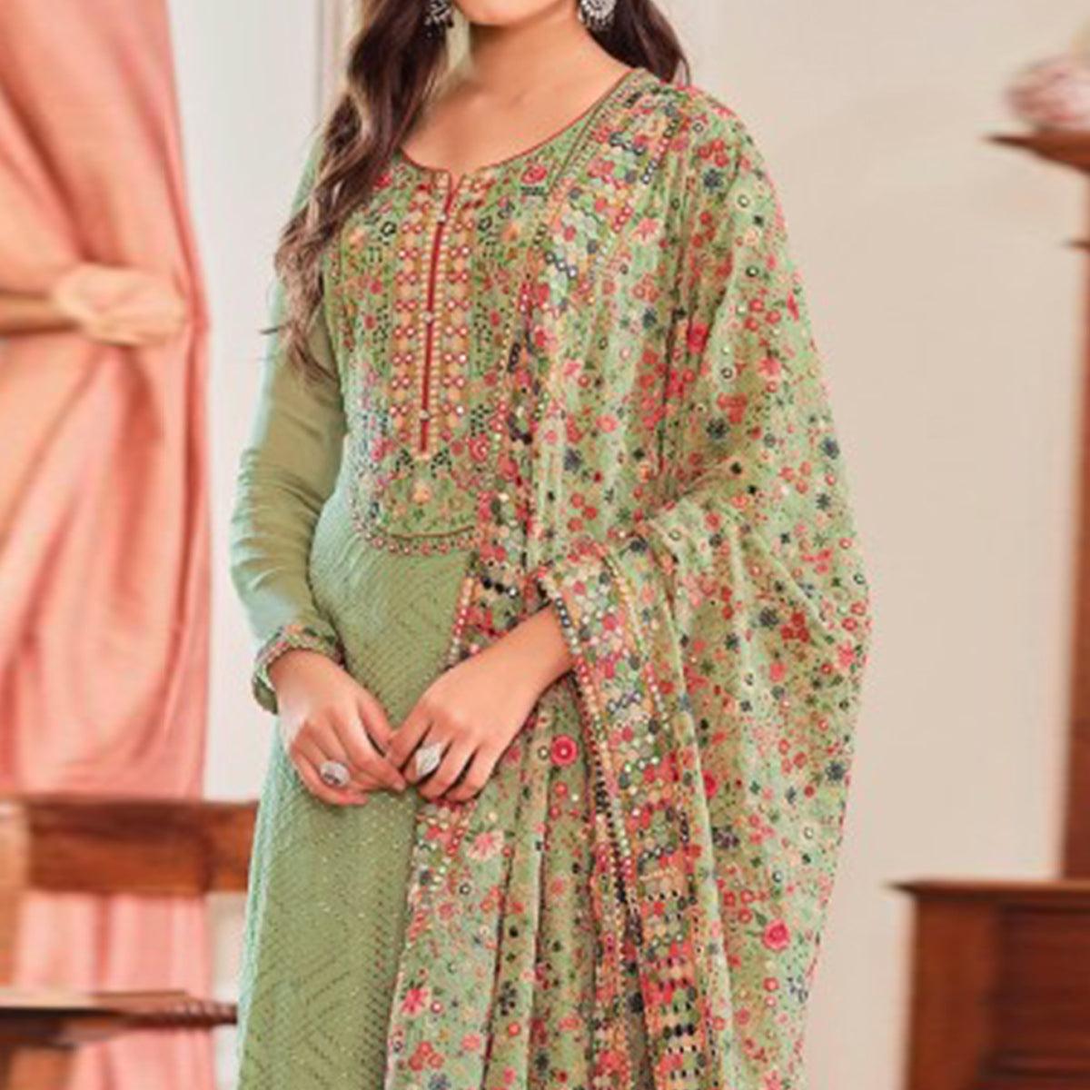 Green Sequence Embroidered With Mirror Work Georgette Palazzo Suit - Peachmode