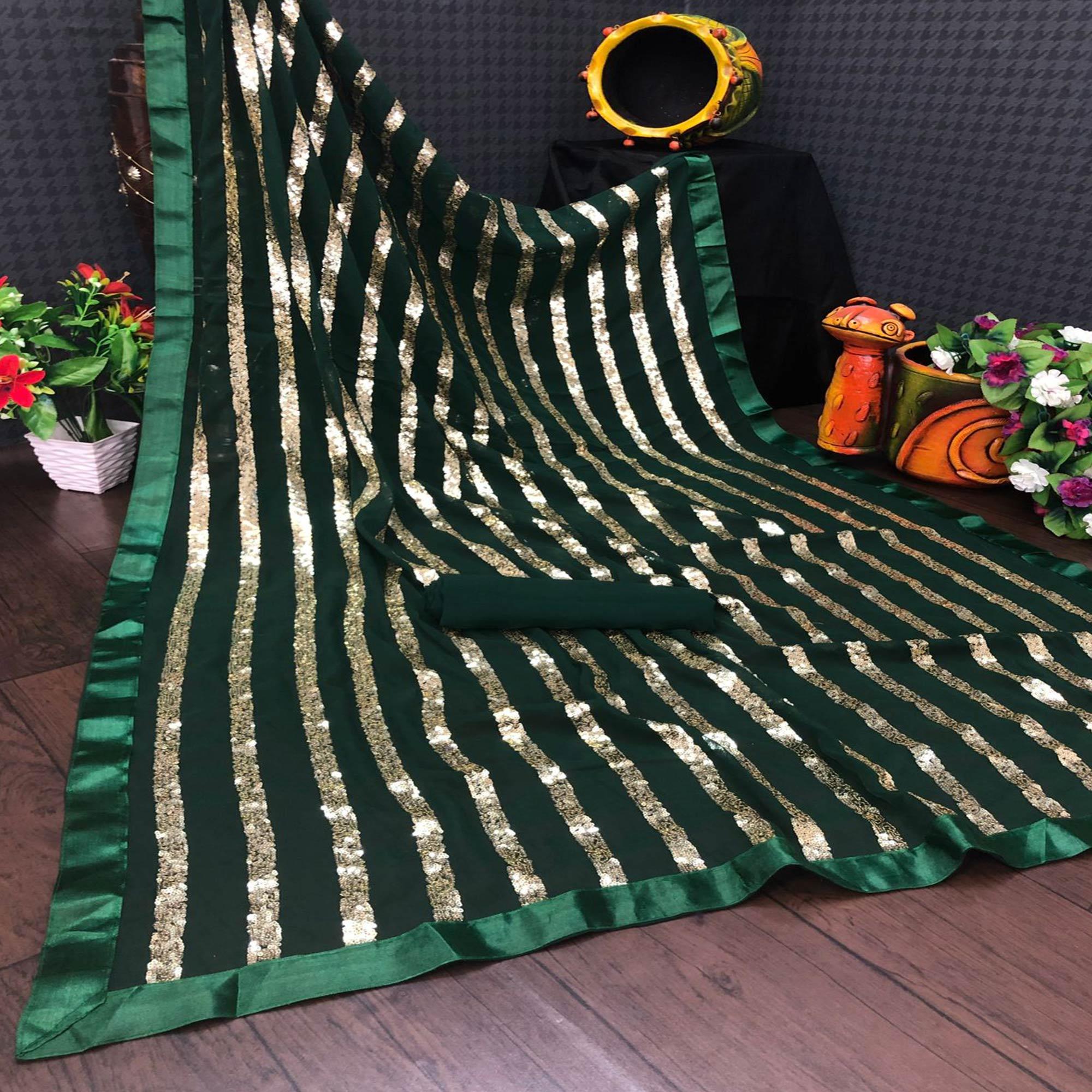 Green Sequence Embroidered With Stripes Georgette Saree - Peachmode