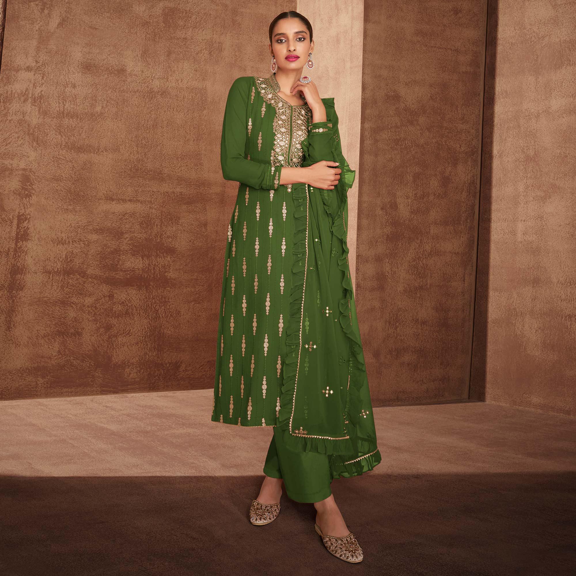 Green Sequence Embroidery Georgette Partywear Suit - Peachmode