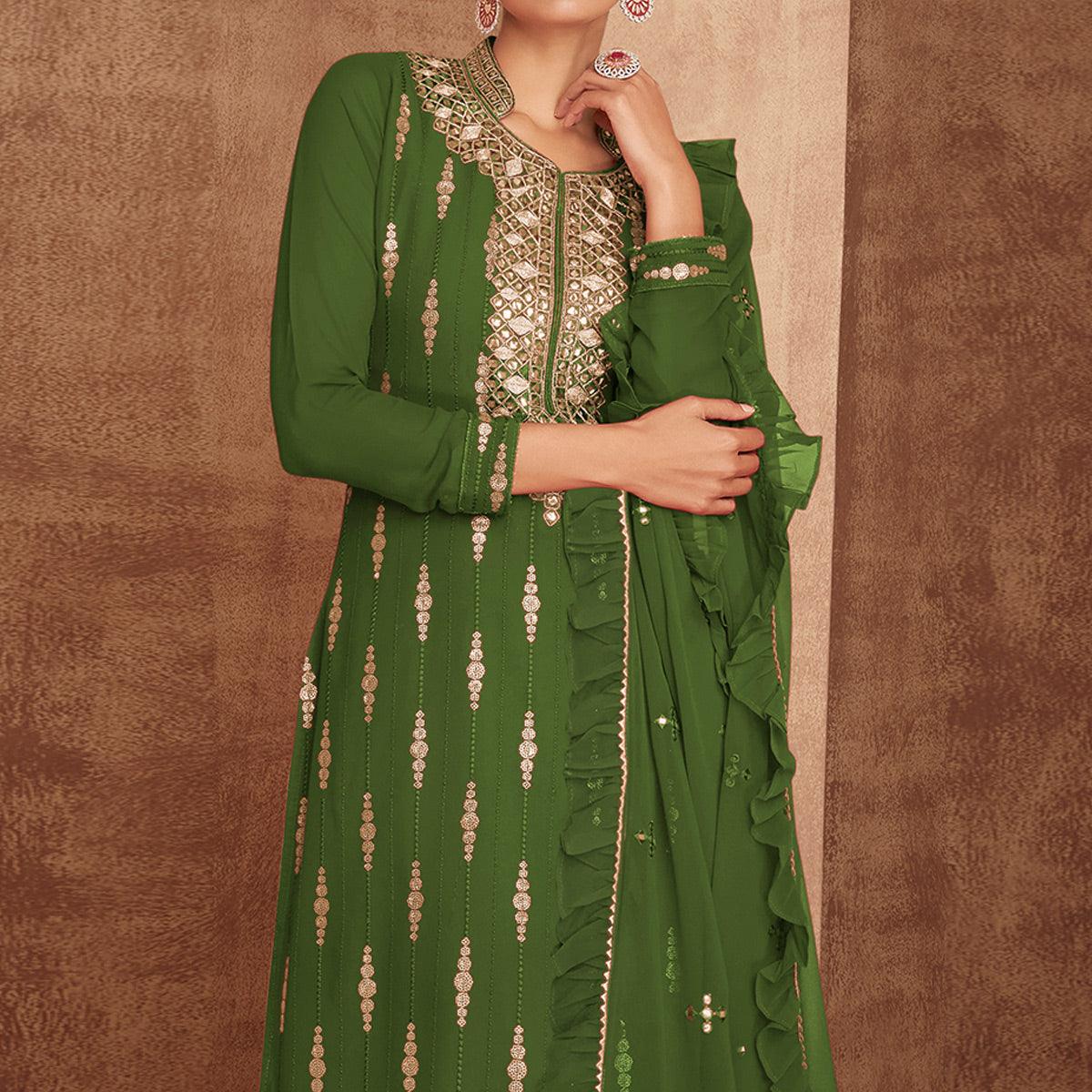 Green Sequence Embroidery Georgette Partywear Suit - Peachmode
