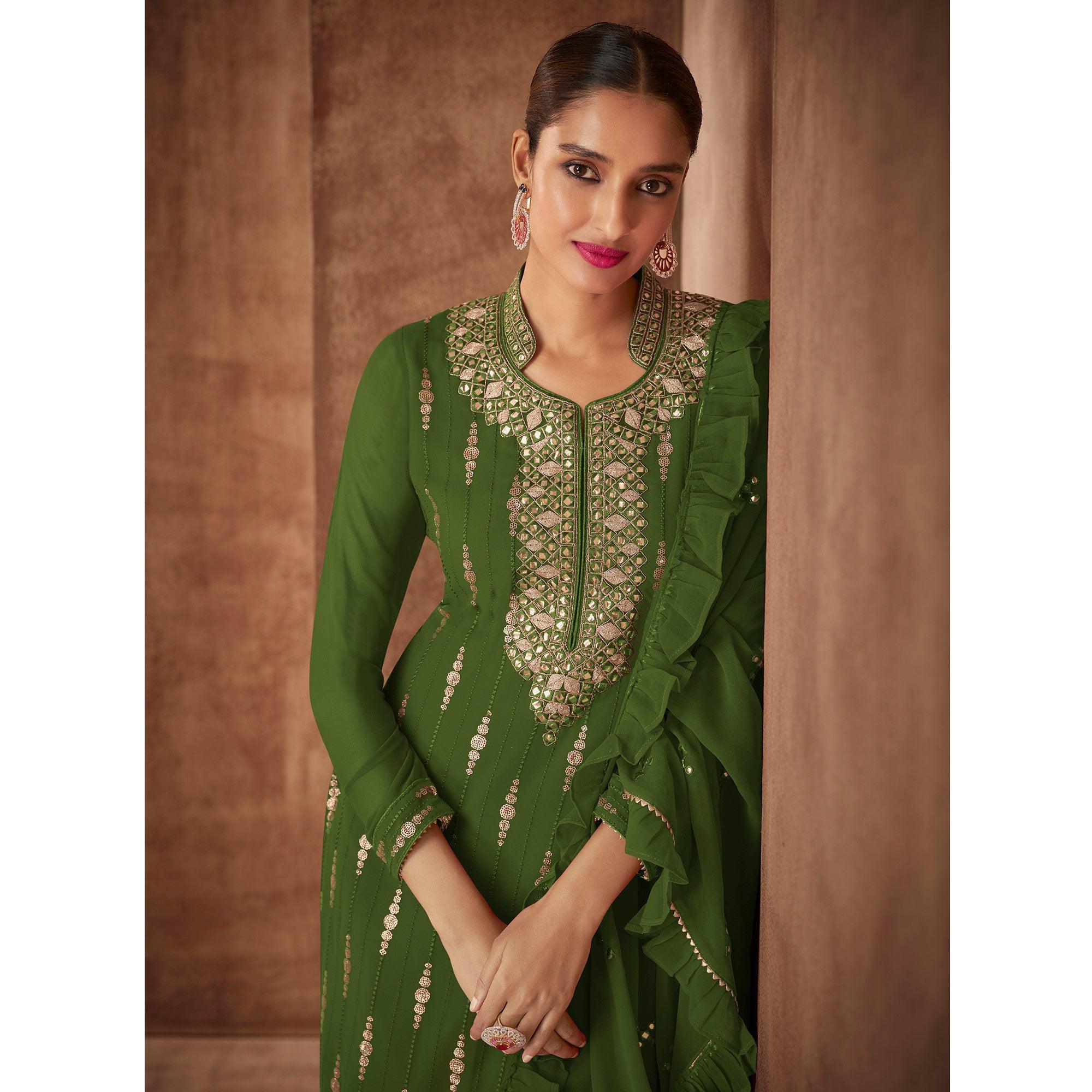 Green Sequence Embroidery Georgette Partywear Suit - Peachmode