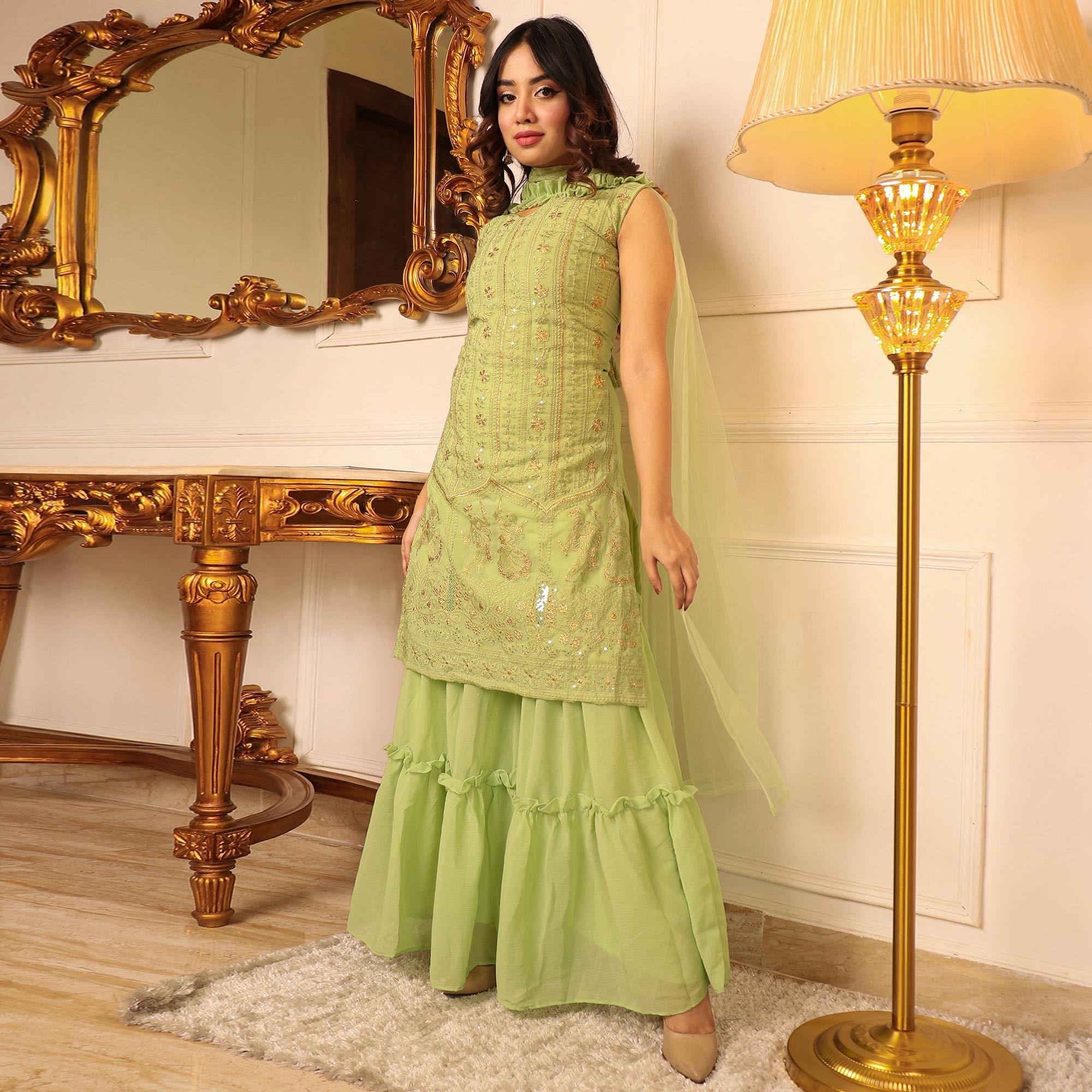 Green Sequence Floral Embroidered Georgette Sharara Suit - Peachmode