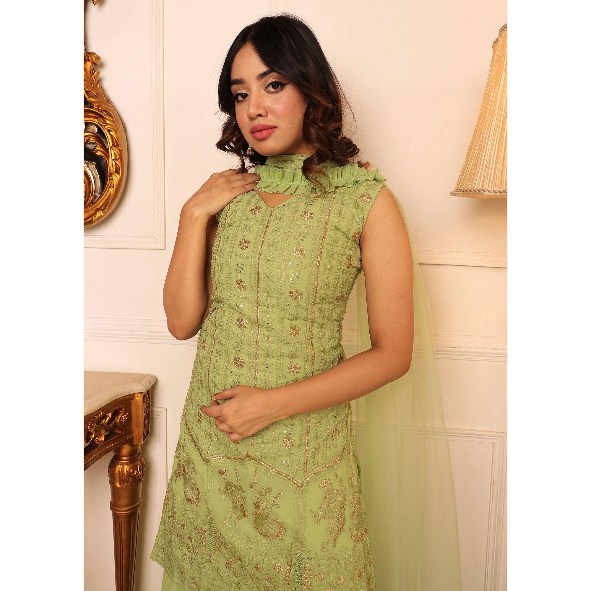 Green Sequence Floral Embroidered Georgette Sharara Suit - Peachmode