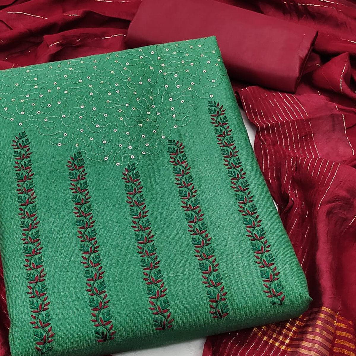 Green Sequence Floral Embroidered Pure Cotton Dress Material - Peachmode