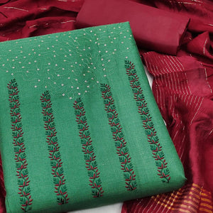 Green Sequence Floral Embroidered Pure Cotton Dress Material - Peachmode