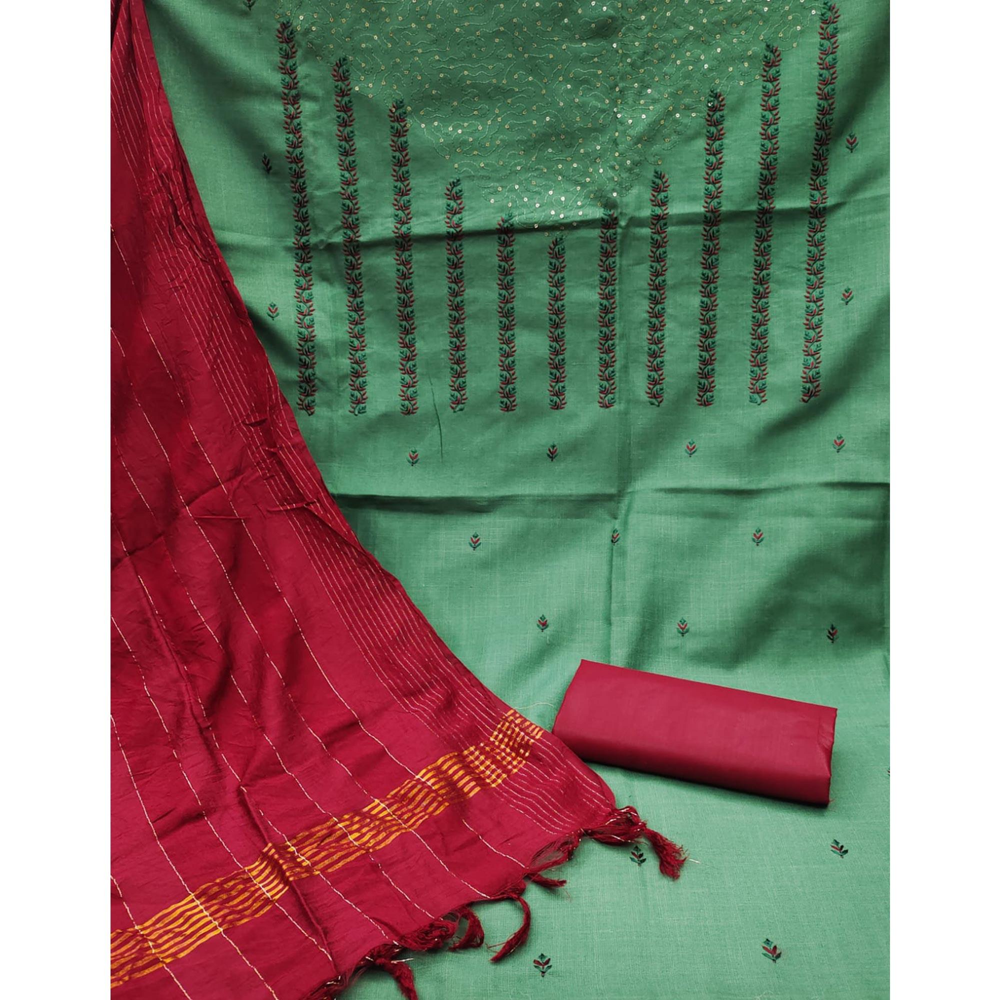 Green Sequence Floral Embroidered Pure Cotton Dress Material - Peachmode