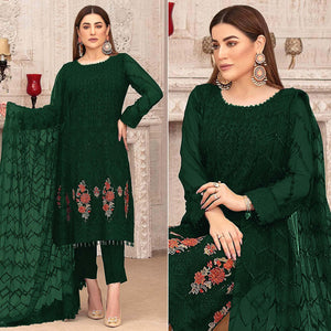 Green Sequence With Floral Embroidered Georgette Pakistani Suit - Peachmode