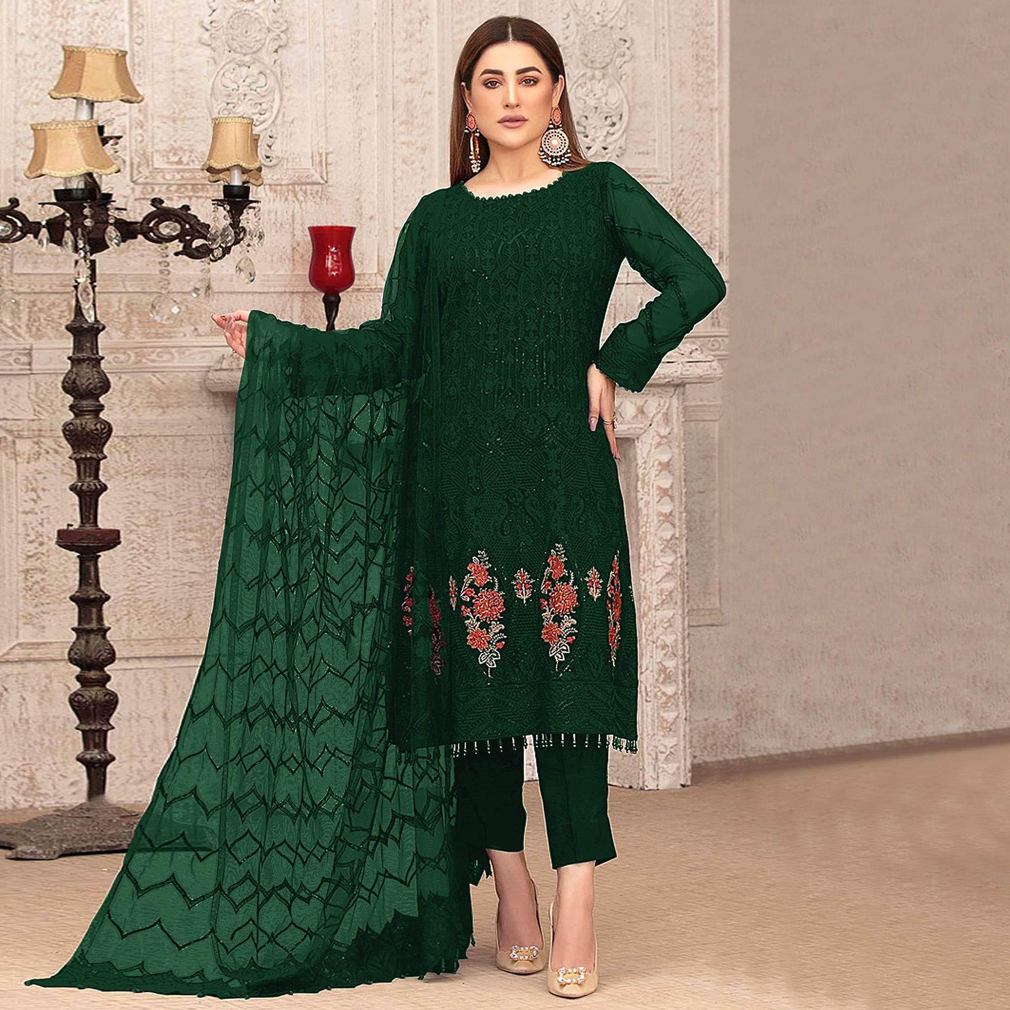 Green Sequence With Floral Embroidered Georgette Pakistani Suit - Peachmode