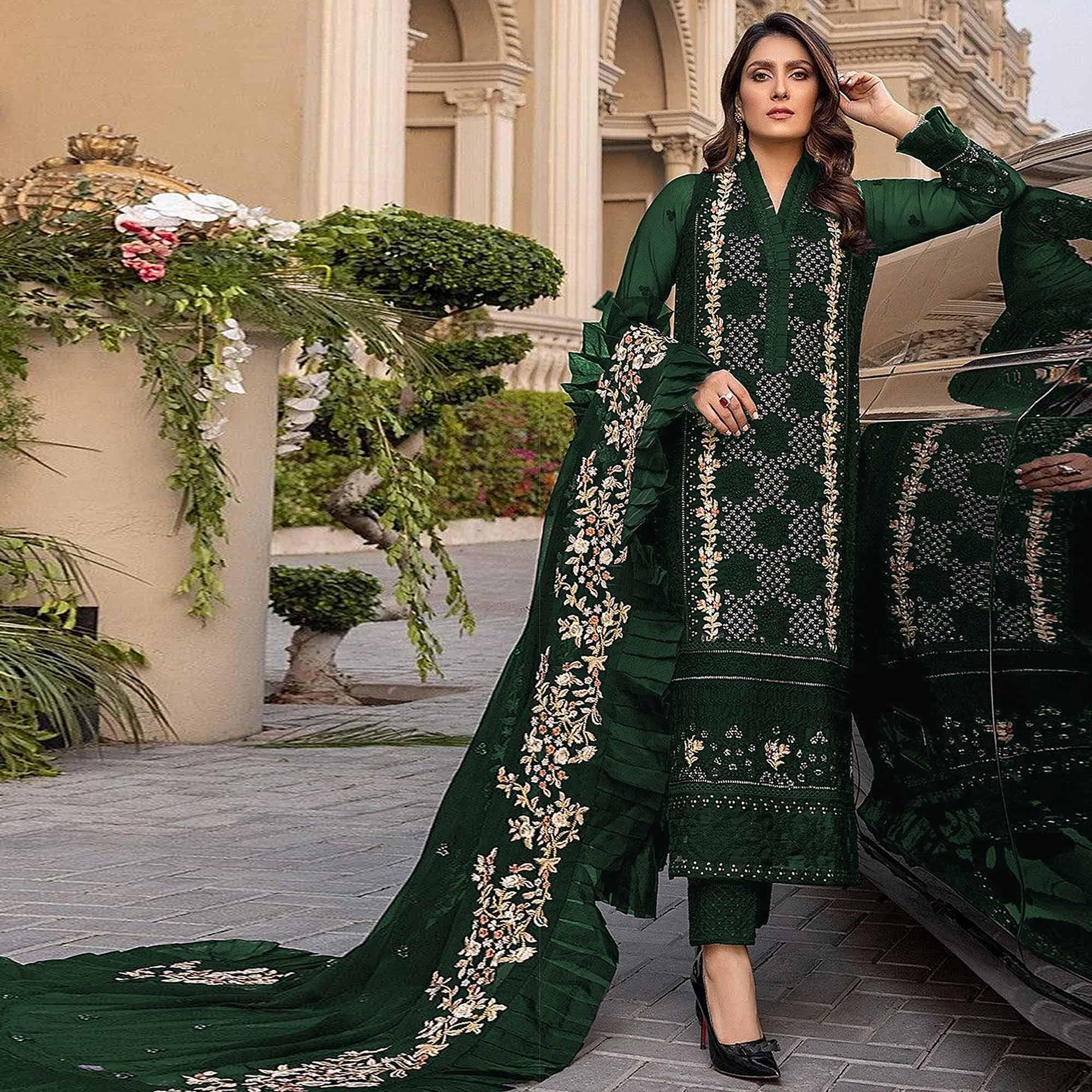 Green Sequence With Floral Embroidered Georgette Pakistani Suit - Peachmode