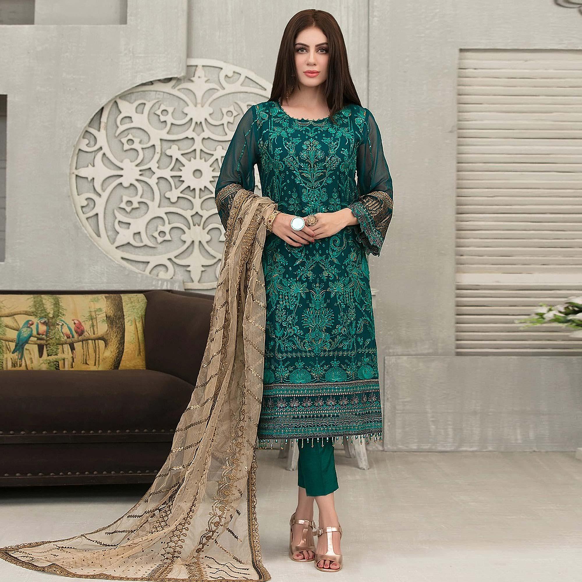 Green Sequence With Floral Embroidered Georgette Pakistani Suit - Peachmode