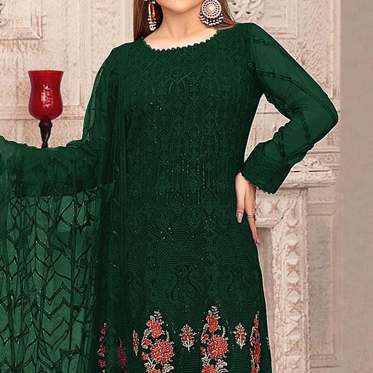 Green Sequence With Floral Embroidered Georgette Pakistani Suit - Peachmode