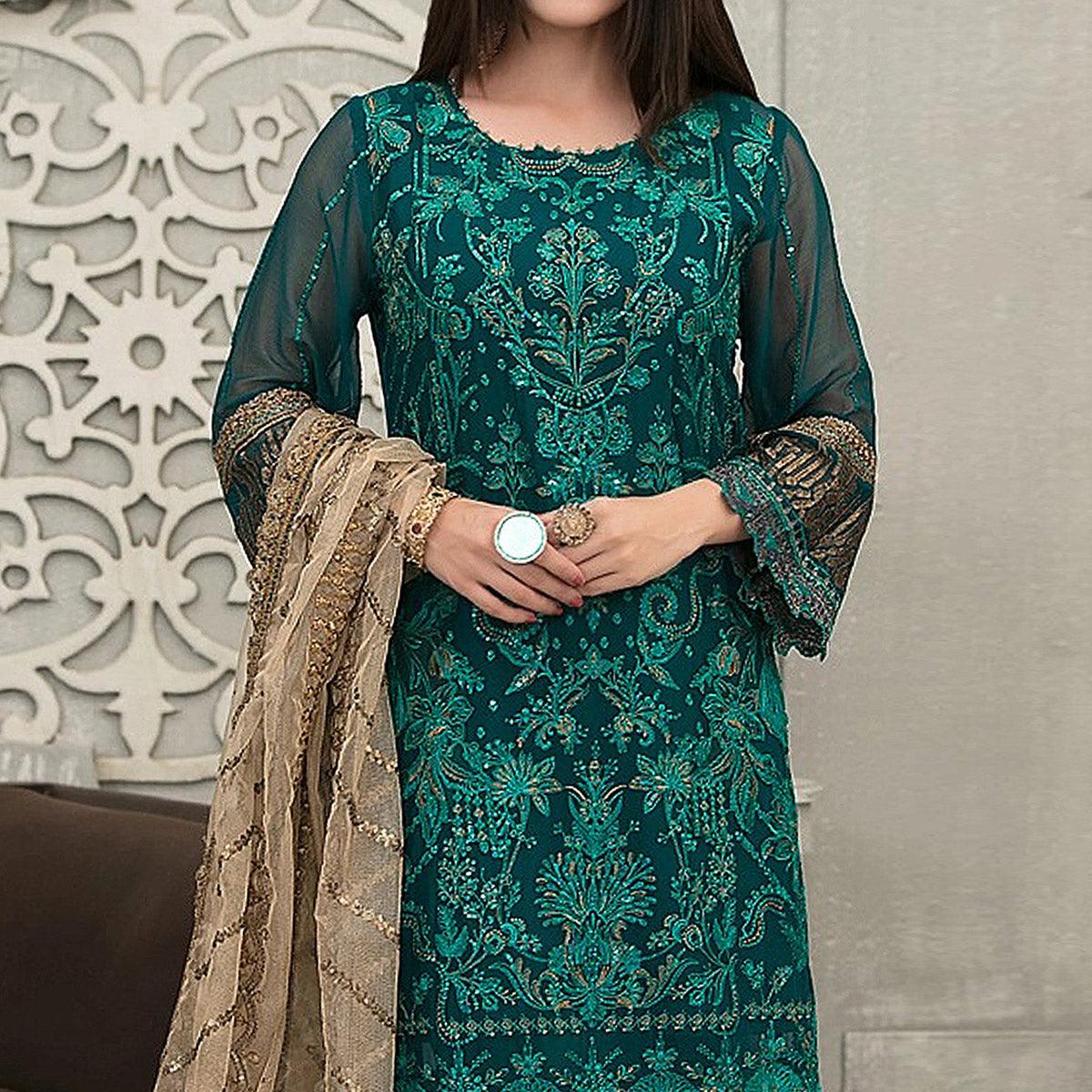 Green Sequence With Floral Embroidered Georgette Pakistani Suit - Peachmode
