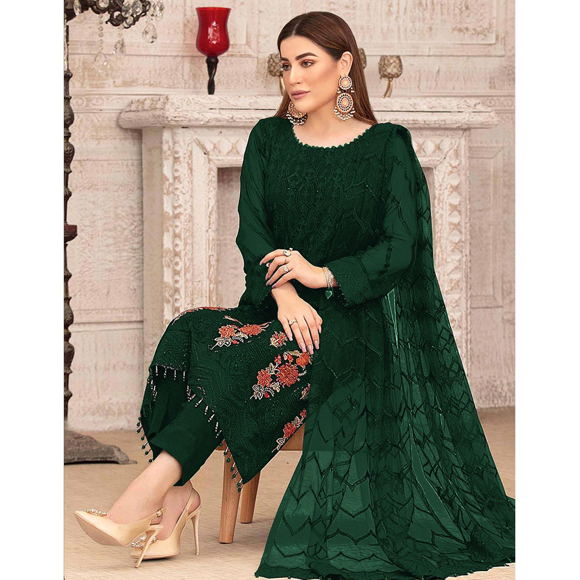 Green Sequence With Floral Embroidered Georgette Pakistani Suit - Peachmode