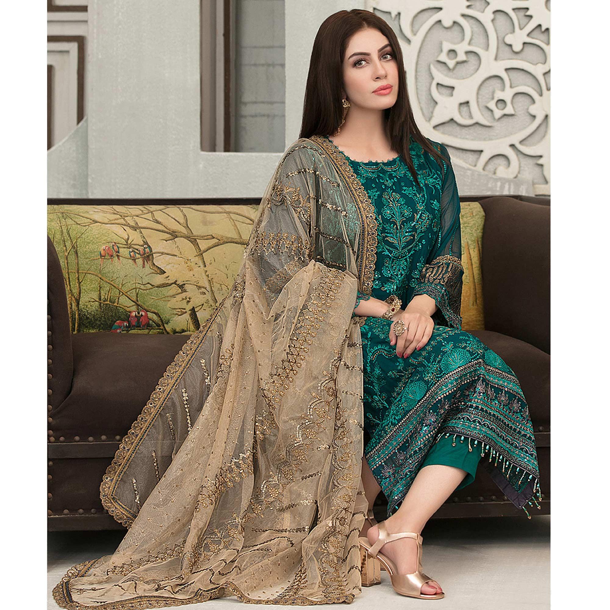 Green Sequence With Floral Embroidered Georgette Pakistani Suit - Peachmode