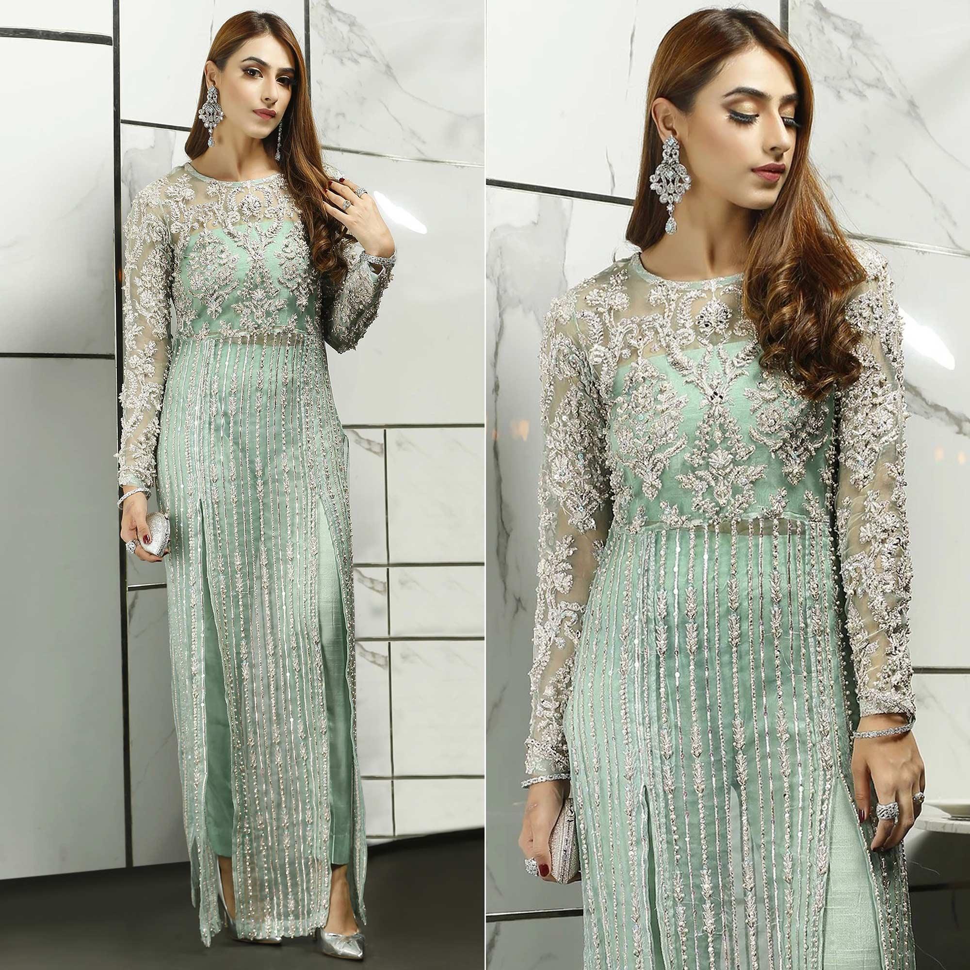 Green Sequence With Floral Embroidered Net Pakistani Suit - Peachmode