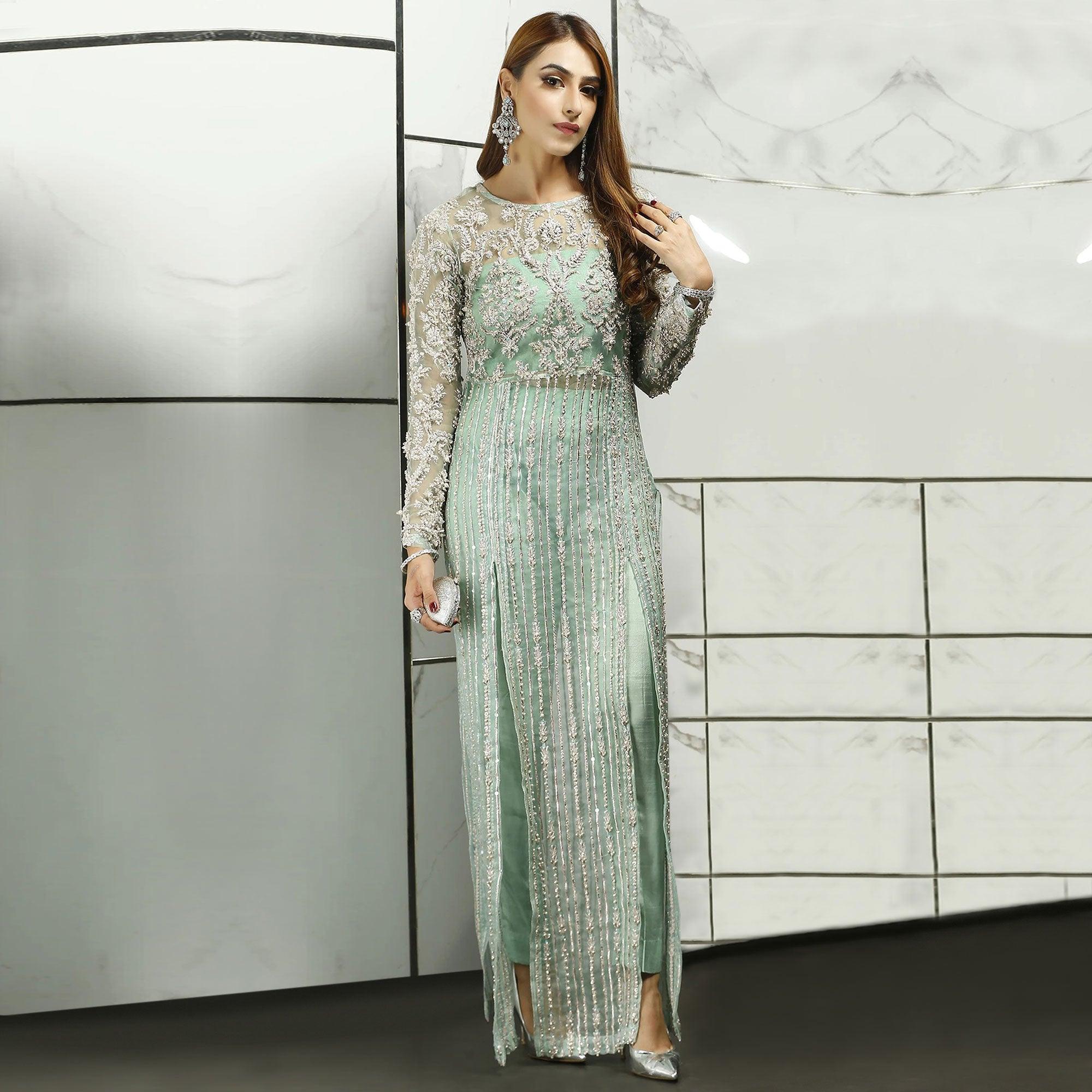 Green Sequence With Floral Embroidered Net Pakistani Suit - Peachmode