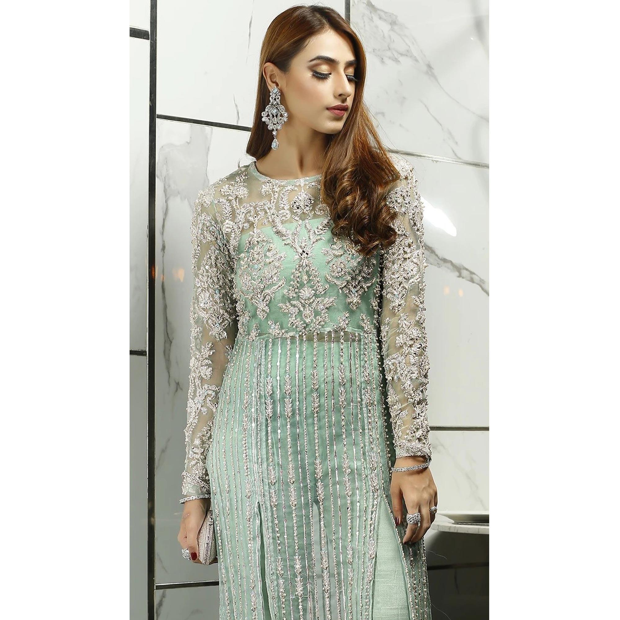 Green Sequence With Floral Embroidered Net Pakistani Suit - Peachmode