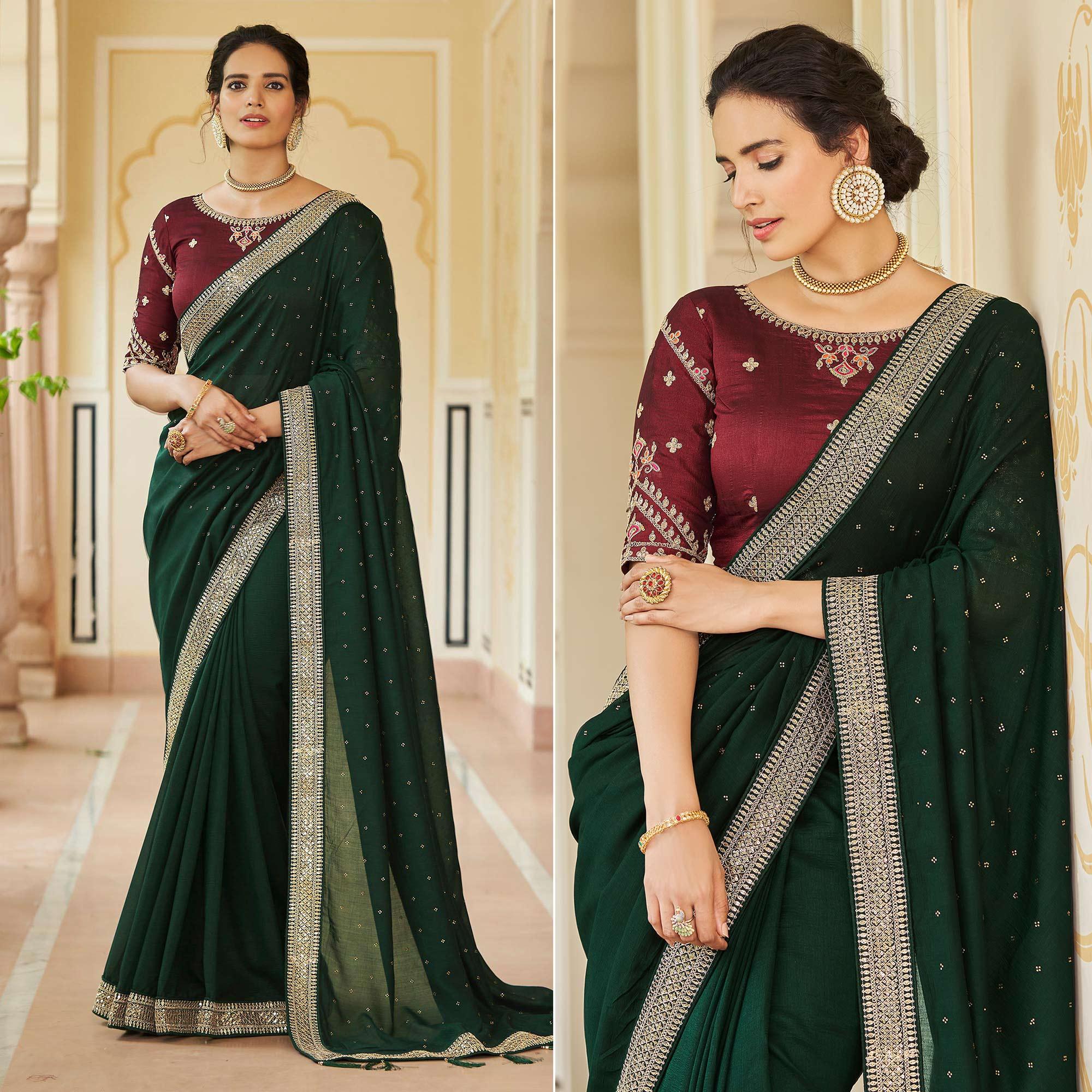 Green Sequence With swarovski Work Vichitra Silk Saree - Peachmode