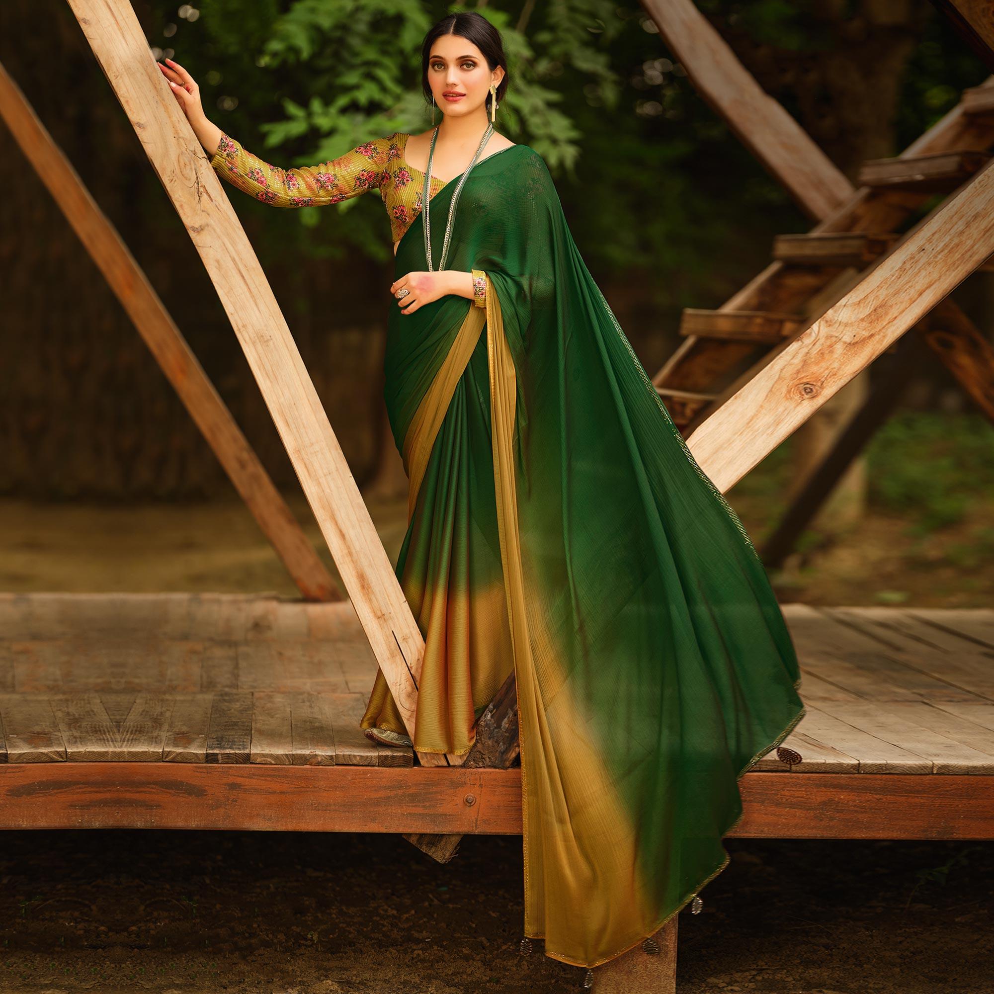 Green Solid Chiffon Saree - Peachmode