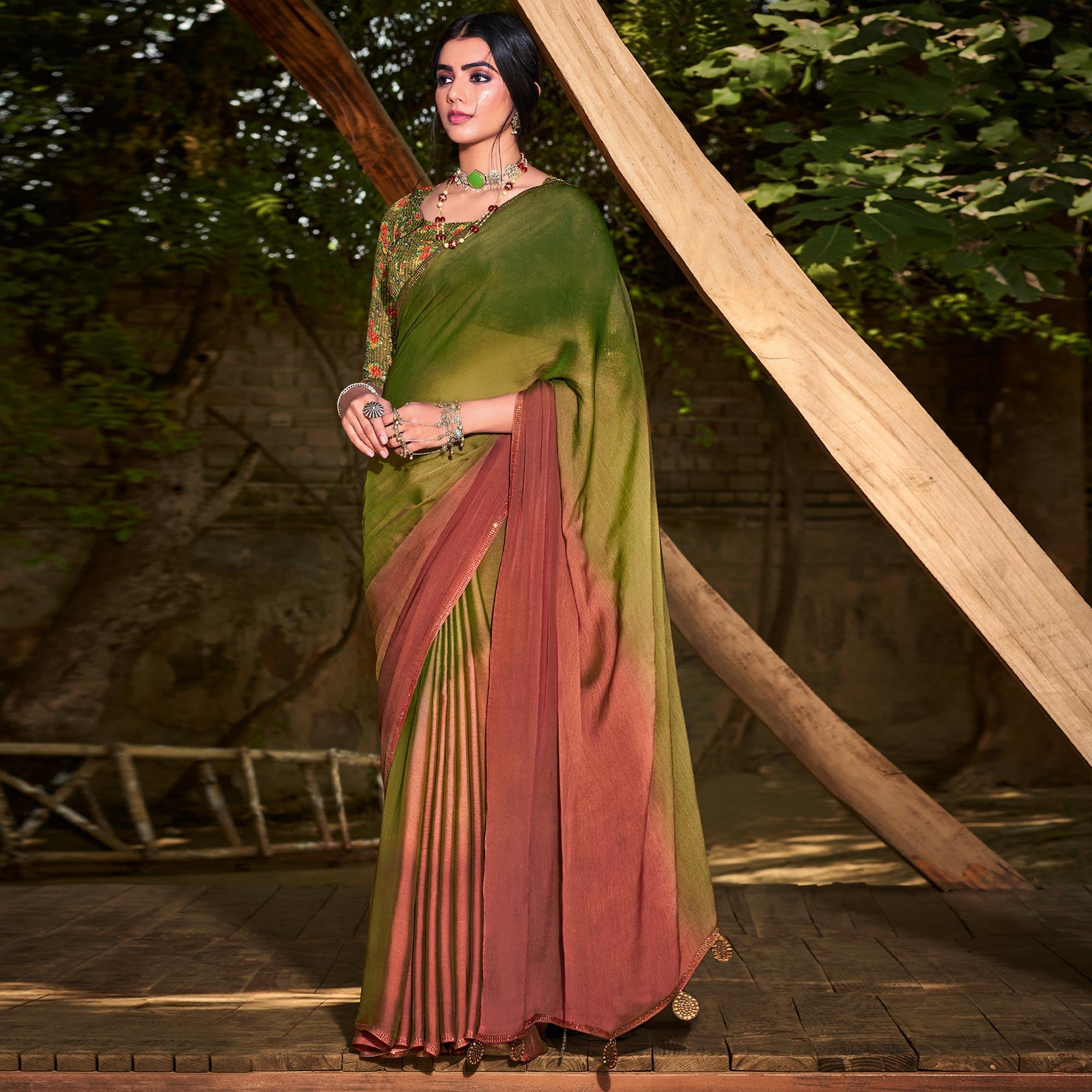 Green Solid Chiffon Saree - Peachmode