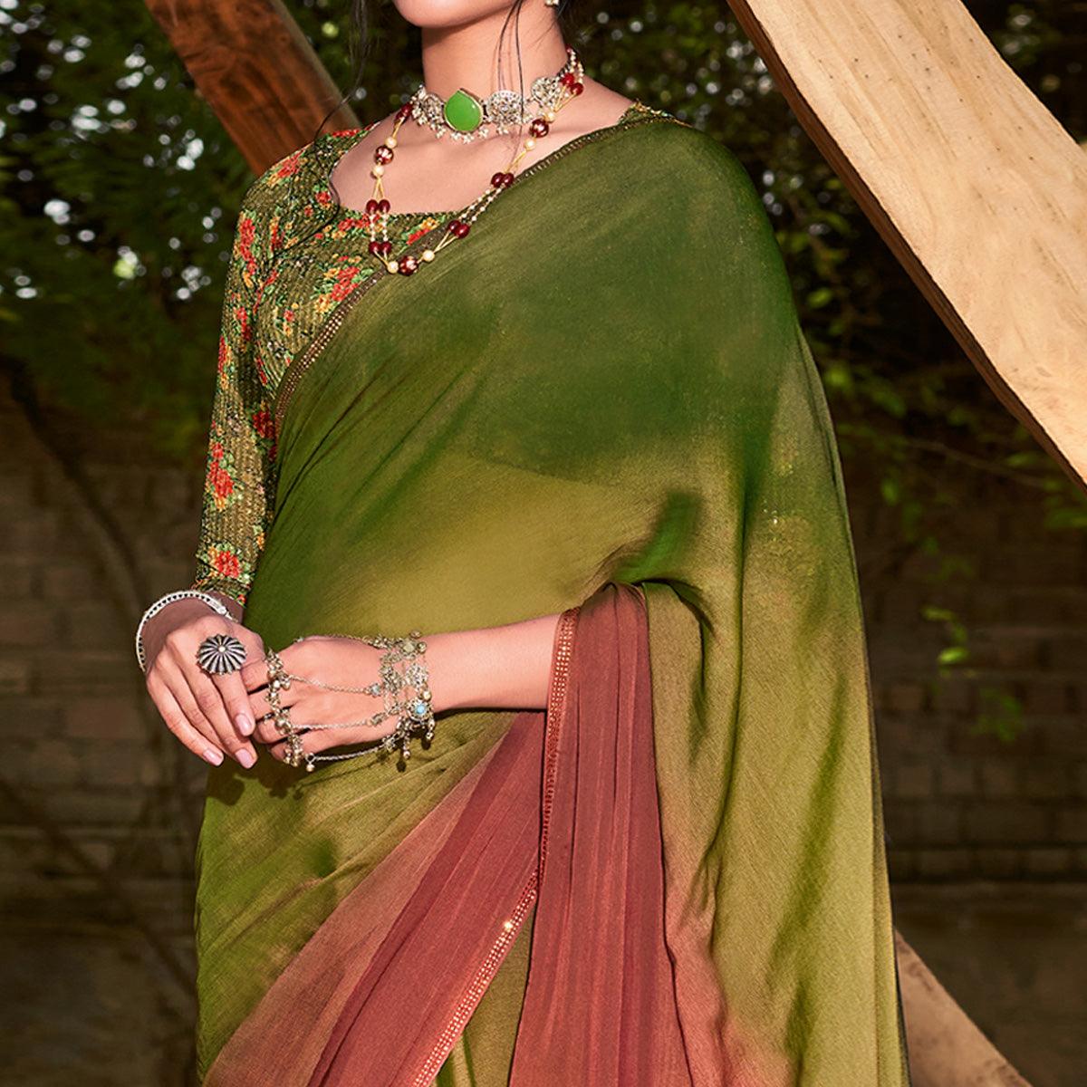 Green Solid Chiffon Saree - Peachmode