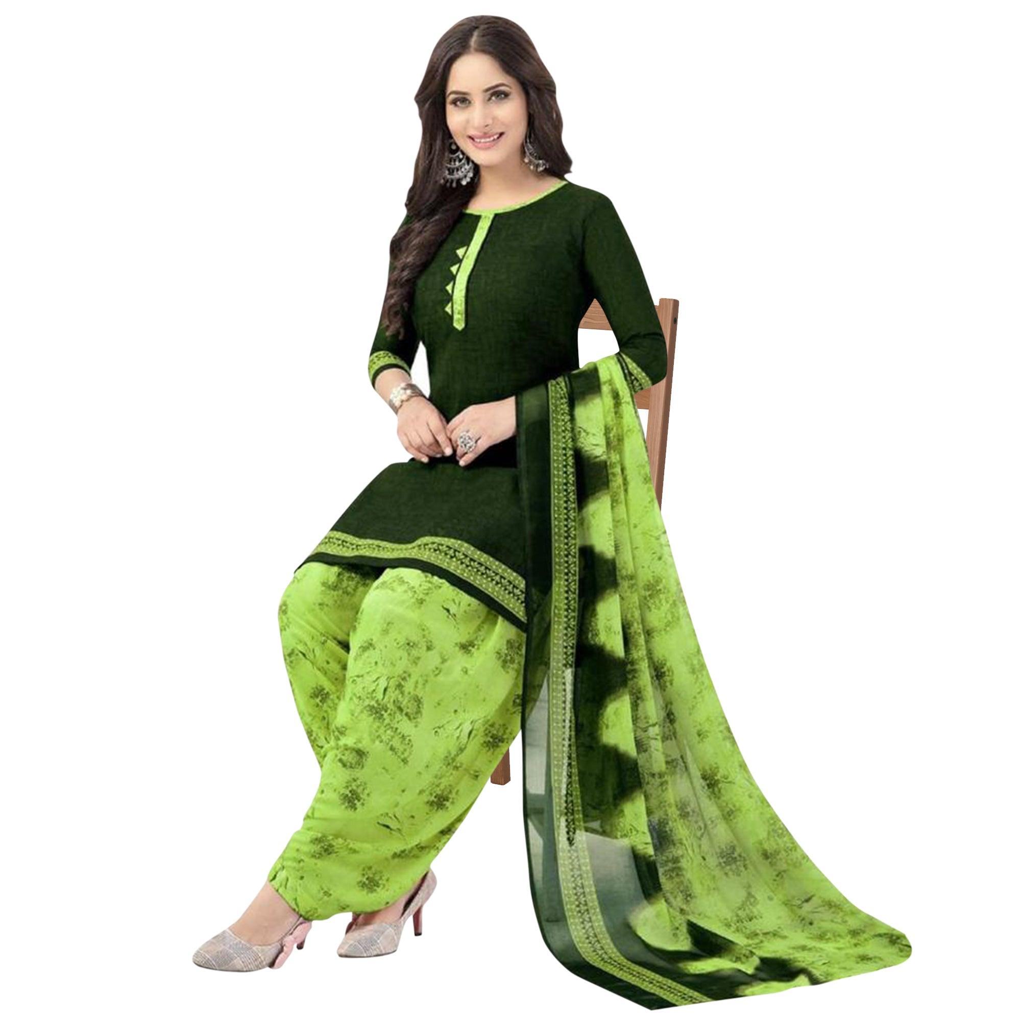Green Solid Crepe Patiala Dress Material - Peachmode