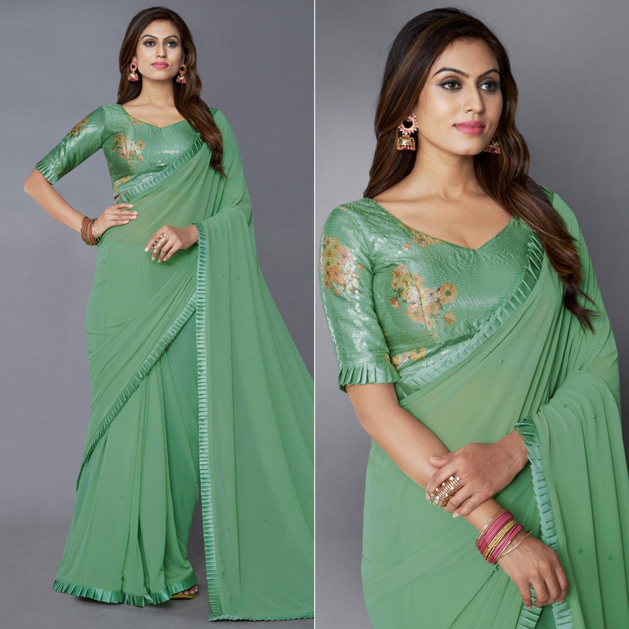 Green Solid Georgette Saree - Peachmode